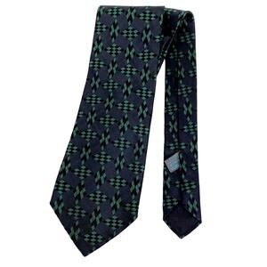 Vintage FENDI Necktie Geometric Pattern Black Green 100% Seta Silk Italian 3.5"